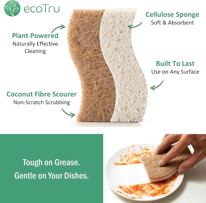 12 Pack Washing Up Sponges, Eco Kitchen Dish Cleaning Sponges, Biodegradable & Compostable Natural Cellulose Sponge with Coconut Fibre Scrubber, Non-Scratch Heavy Duty Scouring Pad
