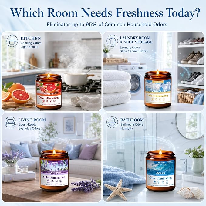 4 Pack Odor Eliminating Highly Fragranced Candle - Eliminates 95% of Pet, Smoke, Food & Other Smells Quickly - Air Freshing Scent of Grapefruit/Linen/Lavender/Ocean - 28oz Soy Candle Gift for Home