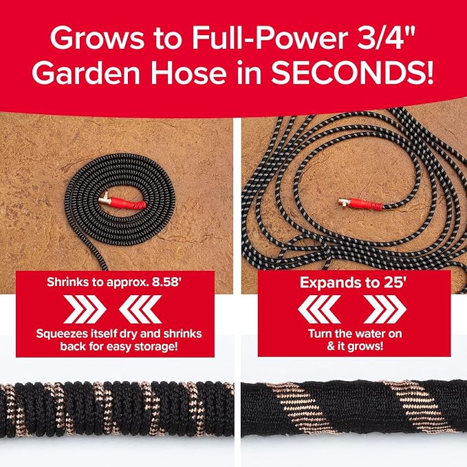 Pocket Hose 25 FT Copper Head Hose, Pocket Pivot, No Tangles, Anti-Burst | Anti-burst sleeve reinforced with bulletproof fiber, 360° swiveling pocket pivot connector, lightweight compact design