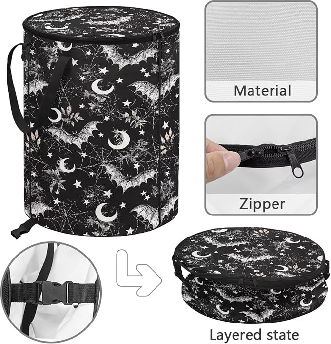 Halloween Bat 24 Gal Collapsible Trash Can w/Lid Waterproof Foldable Garbage Bin for Camping, Backyard & Hiking | Heavy Duty Pop-Up Design Car Camping Gear Holiday Gifts
