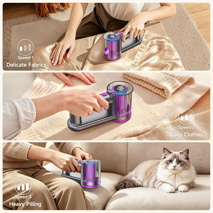 Fabric Shaver Rechargeable, 3-Speed Sweater Shaver for Clothes & Furniture | 6-Blade System, LED Display, Lint Container & Built-In Lint Brush for Sweaters, Couches, Blankets, Furniture & Upholstery