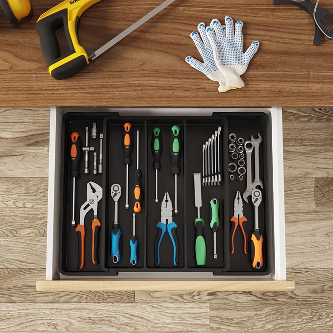 Lifewit Utensil Organizer for Kitchen Drawers, Expandable Utensil Tray | Adjustable Cooking Cutlery Silverware Flatware Holder, Plastic Spatula Tools Storage Divider, 11-18 x 14", Black