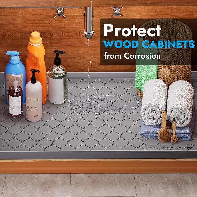 Winisok Waterproof Under Sink Mat 28" x 19", Silicone Mat, Dark Gray | Raised Edge Traps Spills & Leaks, Shelf Liner, Cabinet Protector, for Kitchen, Bathroom, Boots, Pets, Home Essentials