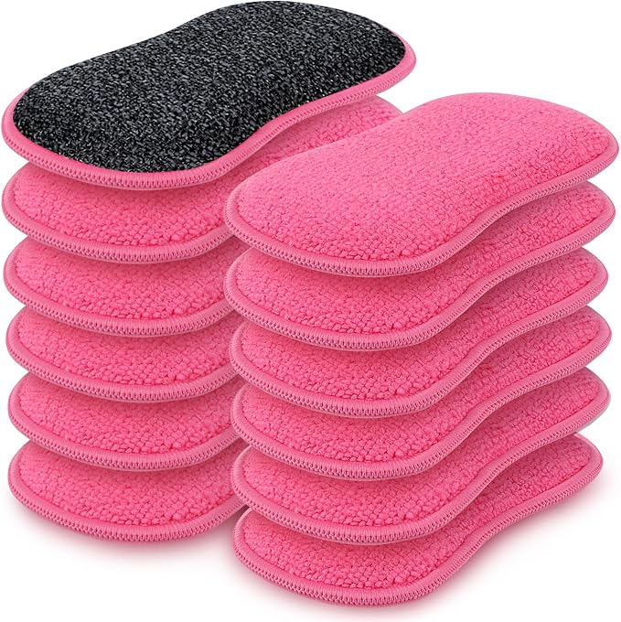 HOMEXCEL Dish Sponge 12 PK, Microfiber Kitchen Sponges for Cleaning, Pink | Non Scratch Microfiber Sponges for Washing Dishes, Double-Sided Scrub Sponge for Pots, Pans, Glass