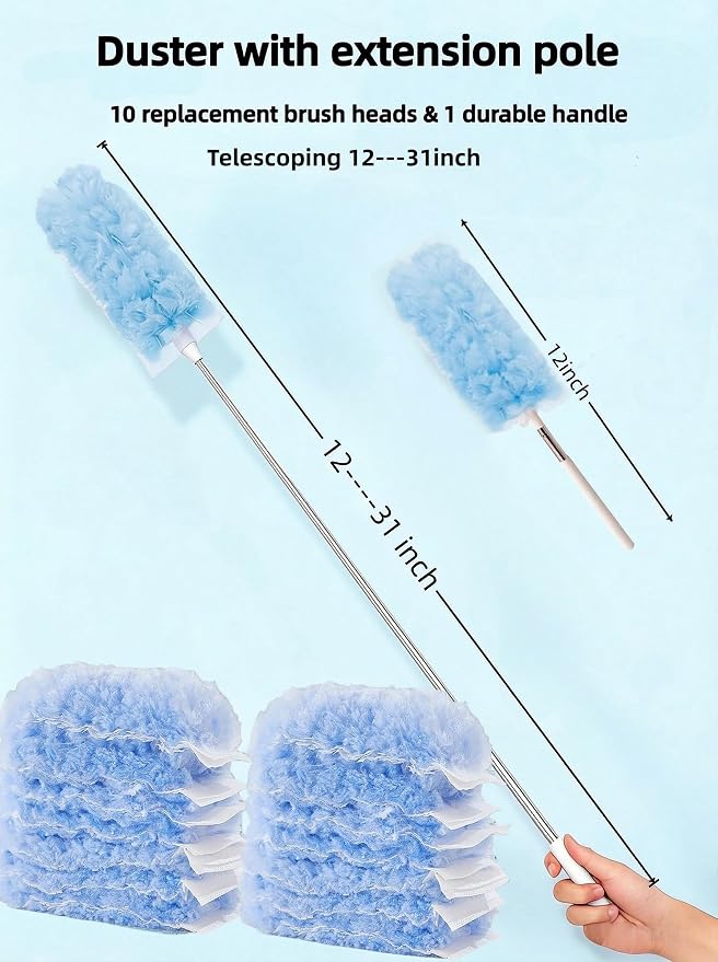 Heavy Duty Duster Refills, Disposable Dusters Kit for Cleaning Dusting Furniture Blind Ceiling Fan, Multi Surface 360 Feather Duster(10)+3FT Extended Handle（1） (Blue)
