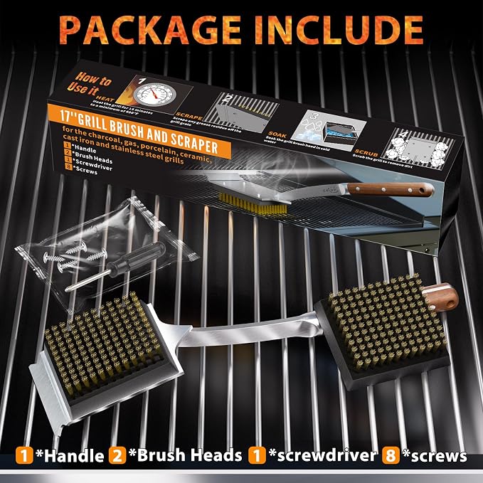ENLOY 17" Grill Brush & Scraper for Barbecue, Grill Brush for Outdoor Grill | Extended Rosewood Handle and 2 Replaceable Copper Wire Brush Heads, Grill Cleaning Brush Grill Accessories for Most Grill