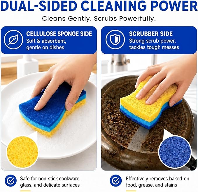 12 PCS Sponges Kitchen, Non Scratch Scrub Sponges for Washing Dishes, Blue | 3-Layer Kitchen Sponge, Dual-Sided Cleaning, Rich Suds Fast, Easy-Grip Design, Easy Rinse & Quick Clean