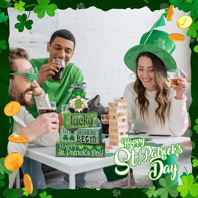Moucuny 4 Pcs St. Patrick's Day Wood Signs Gnome Tiered Tray Table Decor | Stackable Rustic Blocks with Shamrock Prints, Centerpiece for Tiered Trays, Shelves, Bathroom, Laundry Room