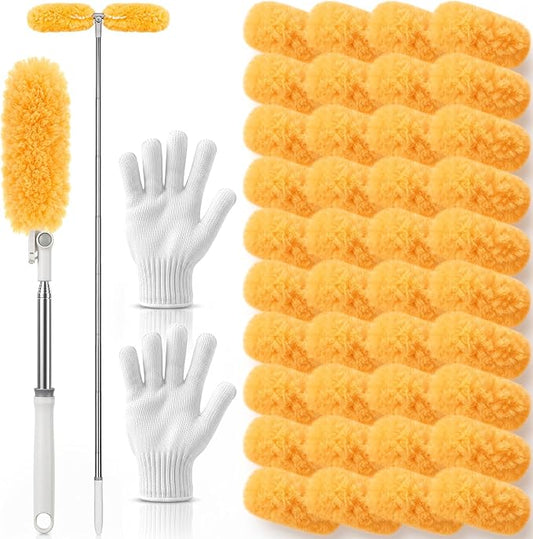40 Pcs Heavy Duty Duster Refills with 6 ft Extendable Handle and 1 Pair of Gloves, Compatible with Swiffer 360° Disposable Microfiber Feather Dusters Kit for Cleaning Home(Orange)