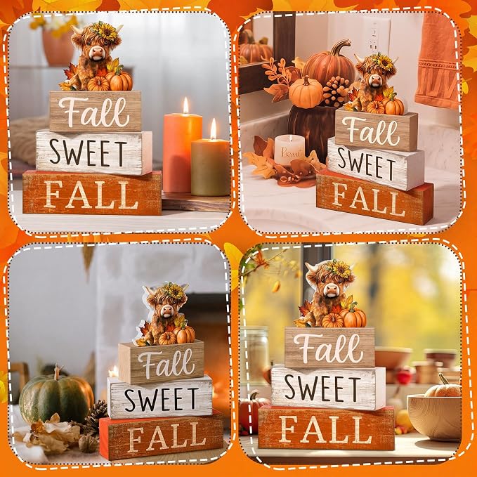 Moucuny 4 Pcs Fall Wooden Block Signs, Highland Cow Tiered Tray Farmhouse | Rustic Farmhouse Centerpiece for Kitchen Shelf Bathroom Laundry Room, Sweet Fall Harvest Theme Home Decor Gift