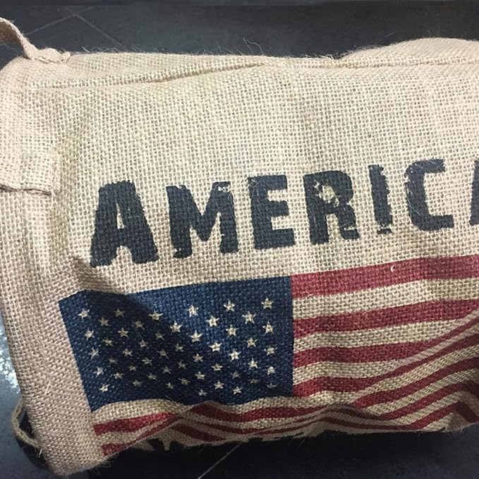 Burlap Waste Basket Vintage, Round Jute Organizer with Handles | Small Recycling Bin for Paper, Bottles & Cans, Rustic Home Office Decor, Patriotic American Flag Design, 10" Dia. X 12" H