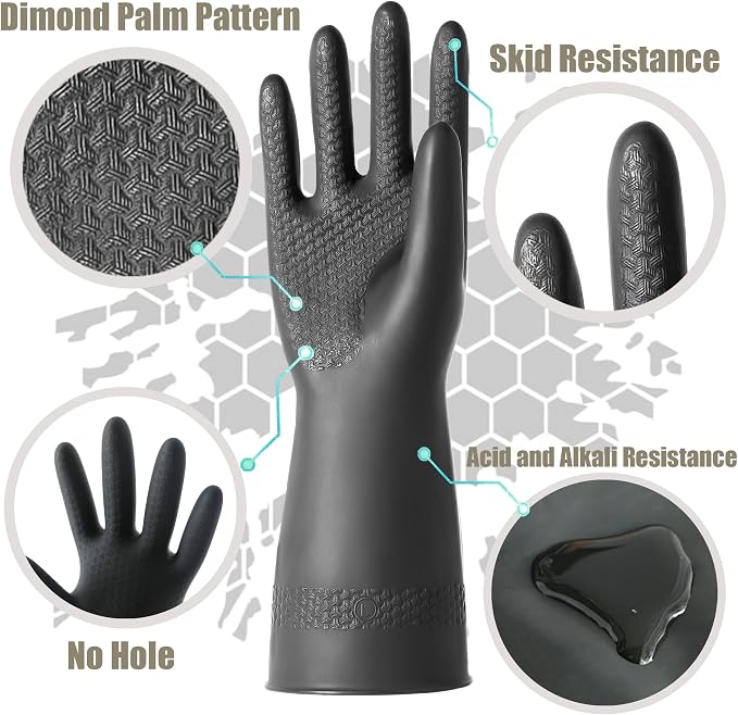 Chemical Resistant Latex Gloves, Cleaning Protective Safety Work | Heavy Duty Rubber Gloves, S-M-L-XL Size, Black 1 Pair
