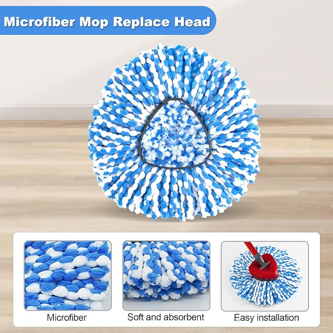 Spin Mop Handle Replacement for Ocedar, Mop Heads Replacements Compatible with RinseClean 2 Tank System, Include 2 Microfiber Spin Mop Replace Heads,4 Section Iron Mop Handle,1 Base and 1 Scrub Brush