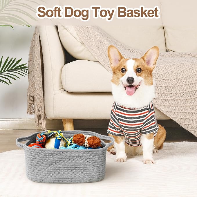 Cute Gray Gift Basket, Woven Baskets for Gifts Empty, Cotton Rope Storage Bin for Organizing, Kids Cat Dog Toy Box, Baby Nursery Organizer, Wicker Easter Basket with Handle, Grey Room Decor