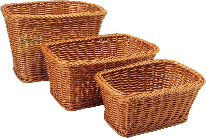 Constructive Playthings Plastic Wicker Woven Storage Baskets, Set of 3 | Nested baskets, Set of 3 for storage, gift baskets or organizing, woven for sturdyiness, washable plastic