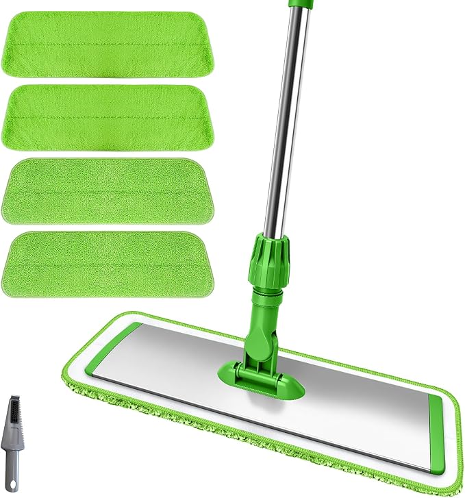 17.7" Microfiber Mop for Floor Cleaning, 360° Rotating Flat Mop with 4 Pads | ,59in Long Adjustable Stainless Steel Handle, 4 Washable Pads for Dry & Wet Cleaning for Hardwood, Vinyl, Laminate, Green