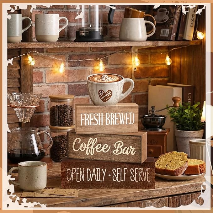 Moucuny 4 Pcs Coffee Bar Wooden Sign Decor Rustic Farmhouse Kitchen Table | Tiered Tray Centerpiece, Bar Supplies for Home, Self Serve Display, Station Decorations for Countertop, Rustic Gift
