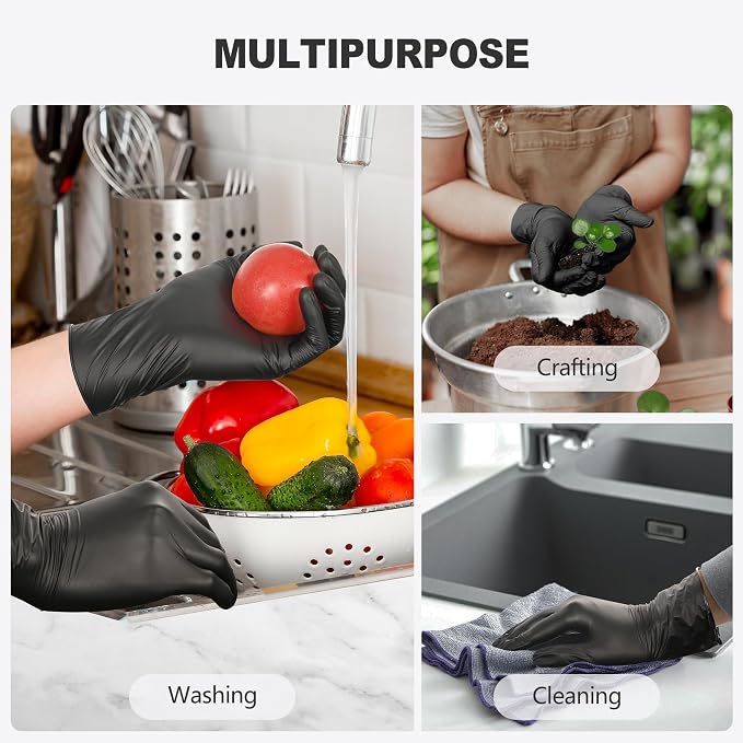 Black Vinyl Gloves, Food Grade Gloves Disposable Latex Free | Powder Free Guantes for Cleaning, Cooking, Food Prep