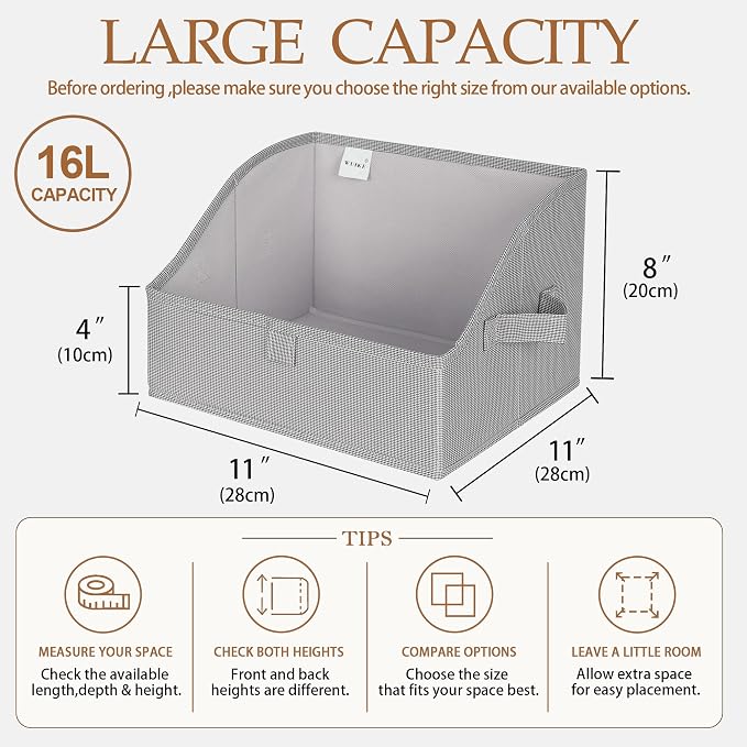 WUIKE Closet Storage Bins with Handles, 3-Pack, Large, Open Front, Greige | Trapezoid Organizing Bins, Fabric Storage Baskets with Handles, Foldable Storage Bins for Clothes, Purses, and Blankets