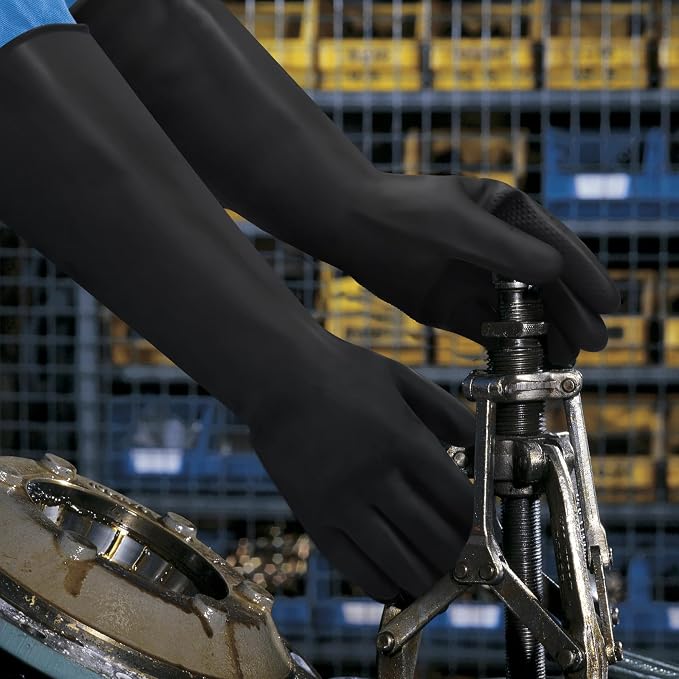 16" Chemical Resistant Gloves, Black Safety Work Heavy Duty Rubber Gloves | Long Waterproof Rubber Industrial Safety Glove for Cleaning, Gardeing,Dishwashing