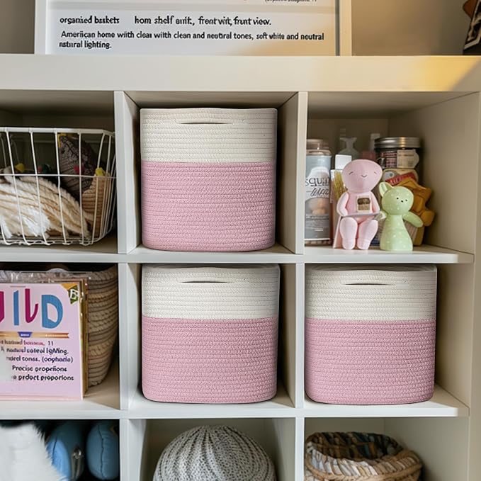 11x11 Cube Storage Bin - 3 Pack Woven Storage Cubes Organizer, 11 Inch Cotton Rope Baskets for Organizing, Decorative Square Shelf Baskets Closet Bins, Toy Boxes for Girls, Pink Room Decor