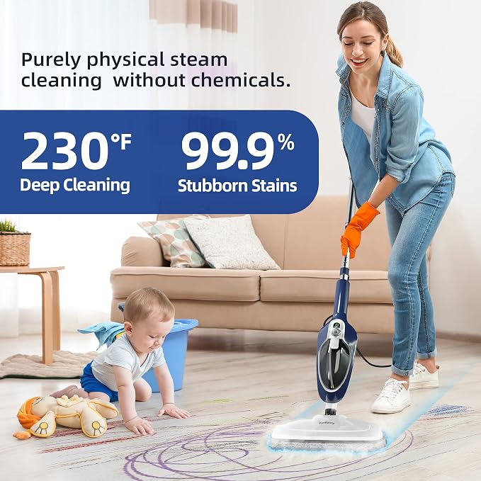 GorFanty Steam Mop - 10-in-1 Floor Steamer MultiPurpose Steam Cleaner | Detachable Handheld for Hardwood/Tile/Laminate All Floors Carpet Cleaning with 11 Accessories for Whole Home Use(Blue)
