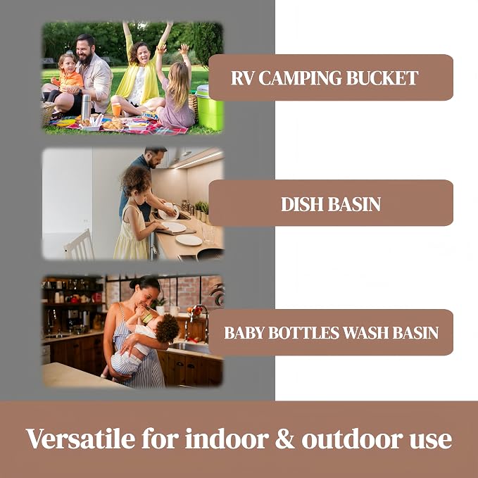 GIMWA 2.6 Gal(10L) Collapsible Wash Basin for Baby Bottles, Space-Saving Collapsible Dish Basin with Drain Plug for Bottle Washing, Collapsible Bucket for RV Kitchen Essentials (Brown)