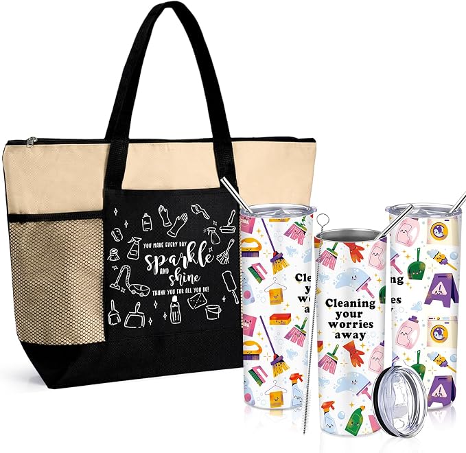 Sieral Housekeeping EVS Week Appreciation Gift, Housekeeper, Khaki | Insulated Tumbler 20oz & Large Tote Bag Set for Women Custodian School Healthcare Cleaning Crew House Cleaner Maid Janitor
