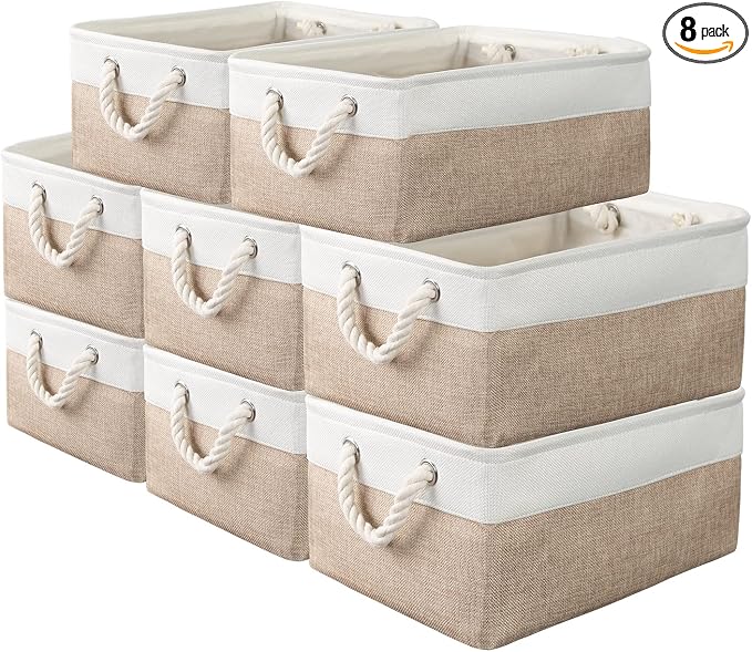 8 Pack Storage Basket Bins - Decorative Baskets Bulk Storage Box Cubes Containers with Handles for Clothes Storage Bathroom, Garage, Books, Home, Office, 13.7L x 9.8W x 6.7H (White&beige)
