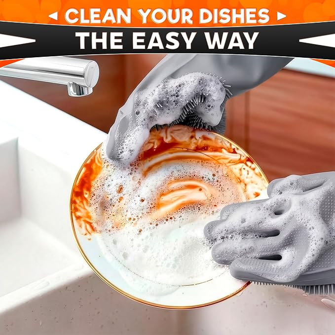 ALPENKOK Silicone Gloves for Washing Dishes, Reusable, Non-Slip (Grey) | Tear-Resistant, Water-Blocking, Dense Bristles; Dog Washing Gloves for Pet Use, Kitchen Cleaning & Daily Chores