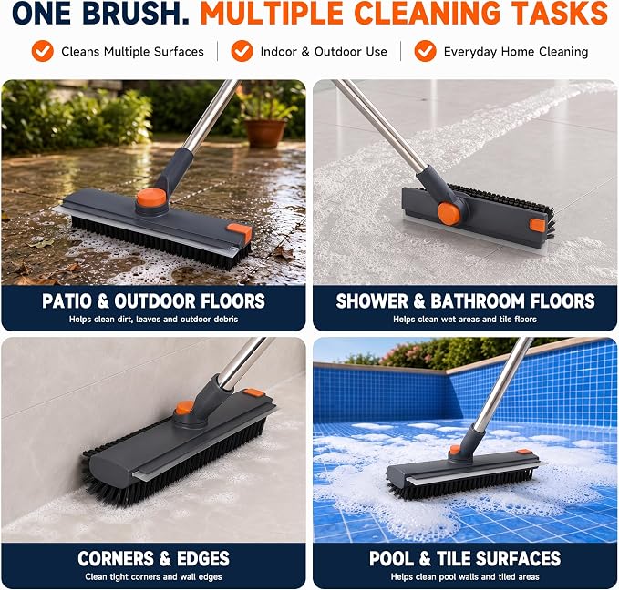 Floor Scrub Brush with Long Handle, 3-in-1 with Squeegee & Stiff Bristles | Heavy-Duty V-Shaped Bristles, 30–50 in Adjustable Handle, 360° Rotating Head & Built-In Hair Picker for Tile, Grout & Showers