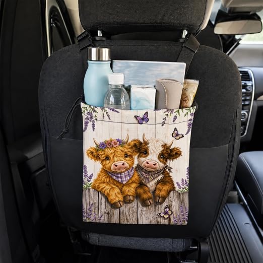 Farmhouse Highland Cows Car Trash Bag Hanging for Back Seat | Rustic Lavender Floral Cow Canvas Drawstring Car Garbage Bag with Adjustable Buckle Vehicle Trash Can