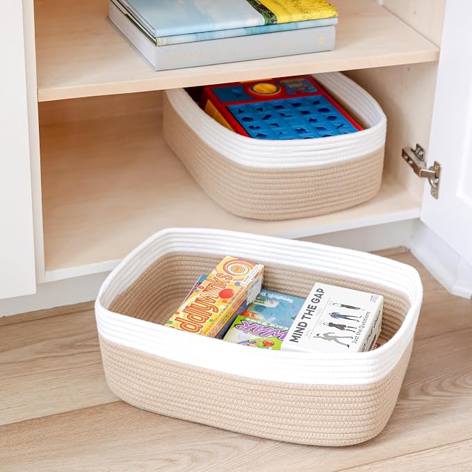 Woven Rope Baskets for Organizing, 3 Pack, 15.5 x 11 x 5.5" Storage Bins | Storage baskets and organizer bins for shelves, pantry, closet storage, toy organizer, bathroom storage, nursery, towels