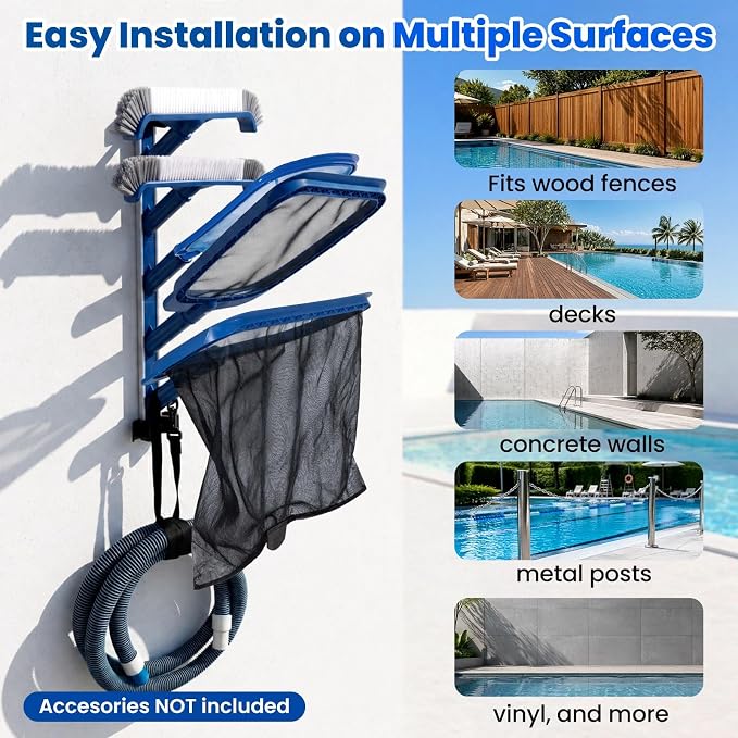 POOLAZA Pool Equipment Storage Rack, Pool Tool Organizer for Cleaning Tools | Durable ABS Rack with Aluminum Support Plate, Holds Skimmer Nets, Brushes, Vacuum Heads, Poles & Hoses with 5 Holders & Strap