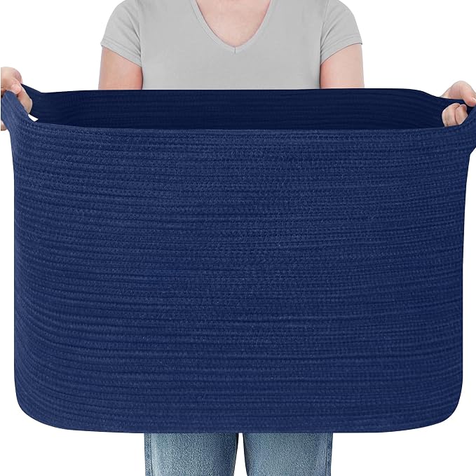 MEGASKET 108L Extra Large Storage Basket, 25"x16"x16" Blue Blanket Basket Living Room, Oversized Cotton Rope Blanket Storage, XXXL Woven Kids Dog Toy Bin Box, Jumbo Laundry Shoes Towel Bin, Navy Blue