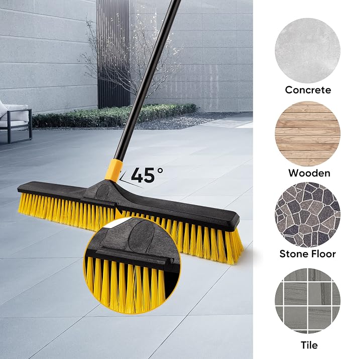 Yocada 24 inch Push Broom Brush 65.3 inch Long Stiff Bristles Heavy-Duty | Outdoor Commercial Broom for Cleaning Bathroom Kitchen Patio Garage Deck Concrete Wood Stone Tile Floor