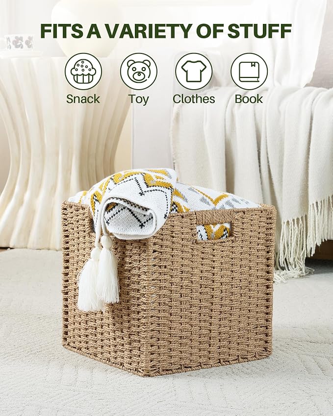 Paper Woven Foldable Storage Baskets 6 Pack, 11.4 Inch Cube Storage Bins, Handmade Paper Material Collapsible Organizer for Shelves & Home Organization, Ideal for Clothes Books Toys Snacks (Natural)
