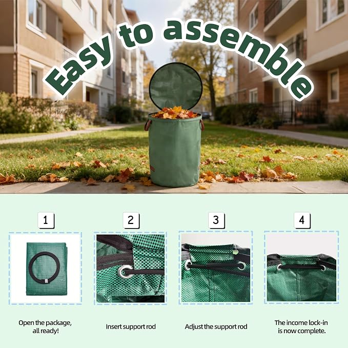 3 Pack 132 Gallon Extra Large Yard Waste Bags with Lid | Jumbo Reusable Garden Bags with Gardening Gloves, Heavy Duty Collapsible Lawn Bag Holder for Massive Leaves & Debris