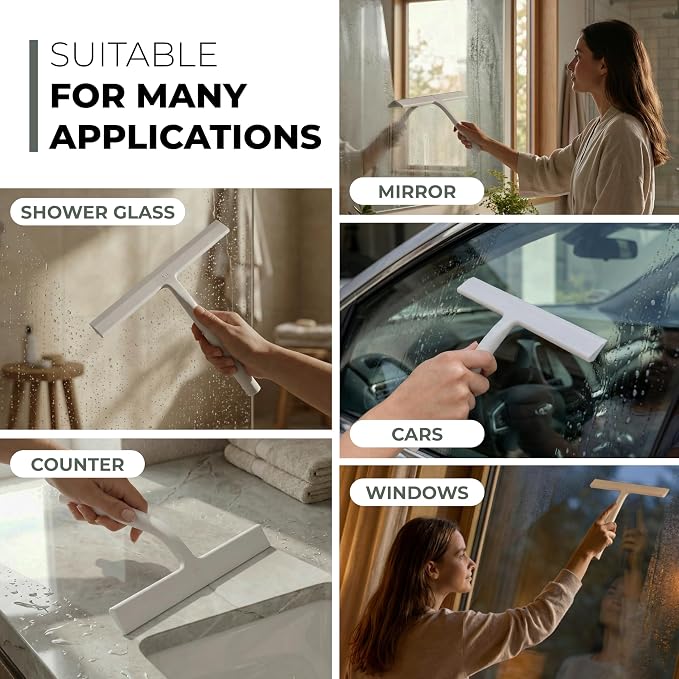 Silicone Shower Squeegee with 3-in-1 No-Drill Mount, White, 11'' | Squeegee for Glass Doors & Mirrors with Stainless Steel Core, Streak-Free & No-Squeak Window Cleaning, Hook/Suction/Adhesive
