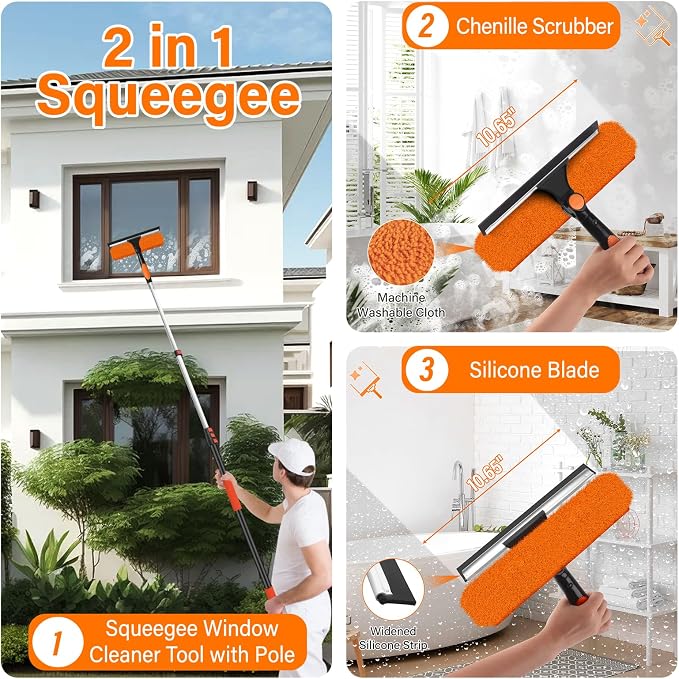 26FT High Reach Duster Cleaning Kit with 5-20 FT Extension Pole | High Ceiling Dust and Window Clean Kit with Microfiber Feather Duster,Cobweb Duster,Ceiling Fan Duster,Window Squeegee Clean