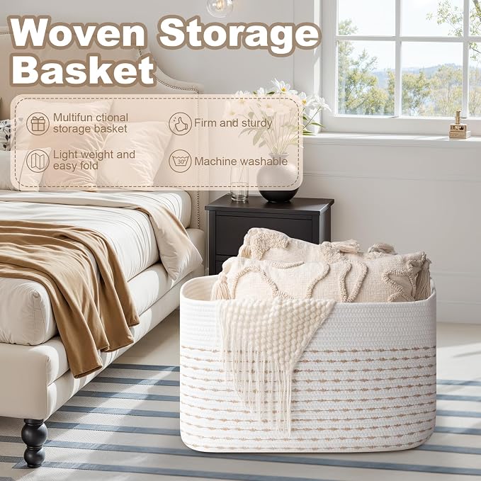 OIAHOMY 75L Blanket Basket, Woven Cotton Rope Basket for Organizing 22”x17”x12”, Used for Living Room, Bedroom, Nursery, Light Yellow & White