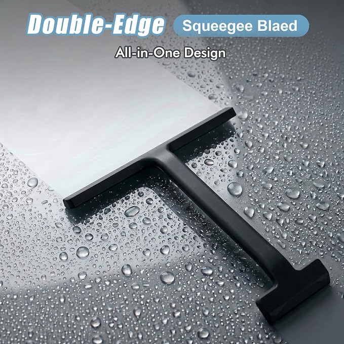 Shower Squeegee for Glass Doors, 8.6-Inch Silicone with Hook, Black | Dual-end silicone blade removes water and soap scum from glass, mirrors and tile; streak-free cleaning with a movable hook