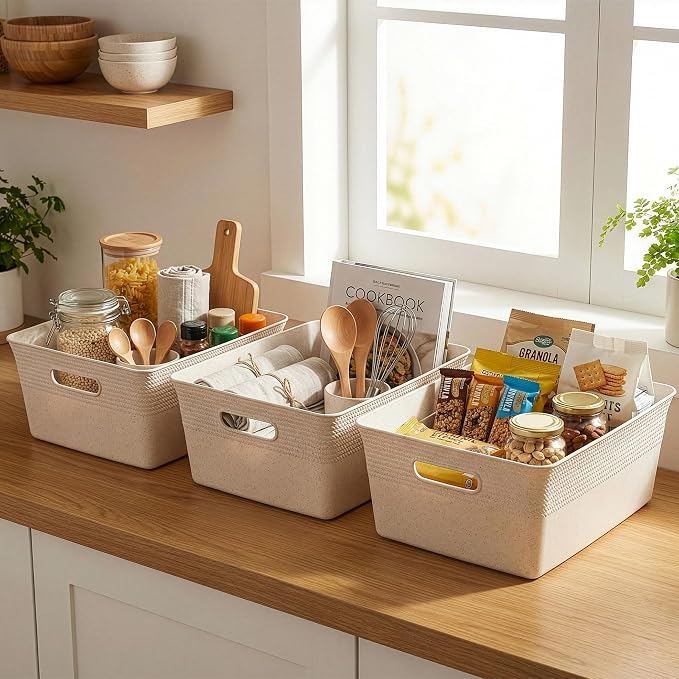BINO | Plastic Storage Bins, 13 Liter - 3 Pack, Natural | THE BRAIDED COLLECTION | Plastic Bins for Organization | Woven Storage Baskets for Organizing | Pantry Shelf Organizer Basket Container Bin