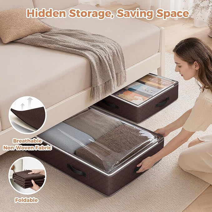 Budding Joy 6 Pack 95L Under bed Storage Containers Brown | Underbed Storage Bags for Blankets, Towels, Comforter, Sweaters, Linen Sheets, Wrapping Paper