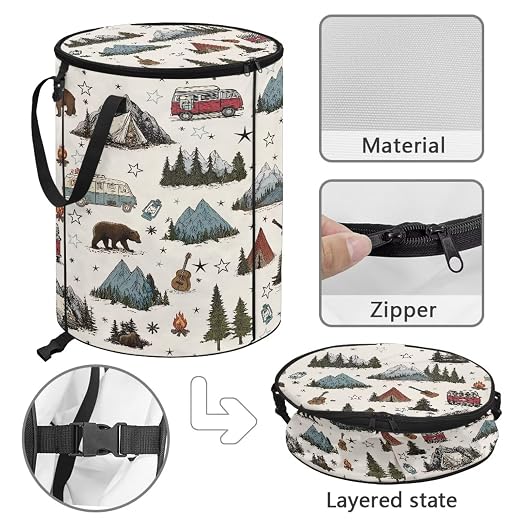 Mountain and Bus Print Camping Trash Can Collapsable 20 Gallon Large Outdoor Trash Can with Lid Waterproof Design Garbage Cans for Car Easy to Use and Clean