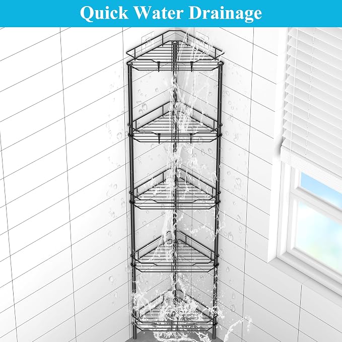 HuggieGems Metal Floor Standing Corner Shower Caddy, Matt Black, 5 Tier | Adhesive Bathroom Organizer Shelves, Free Standing Shower Rack with Hooks, Hold Large Shampoo Bottles