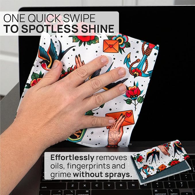Microfiber Wholesale Quick Cloth Glasses Cleaning Cloths 8x8 Tattoo 1-Pack | with Case | Double-Sided Lens Cleaner for Eyeglasses, Camera, Screens & Glass | Reusable Microfiber Glass Polishing Cloths
