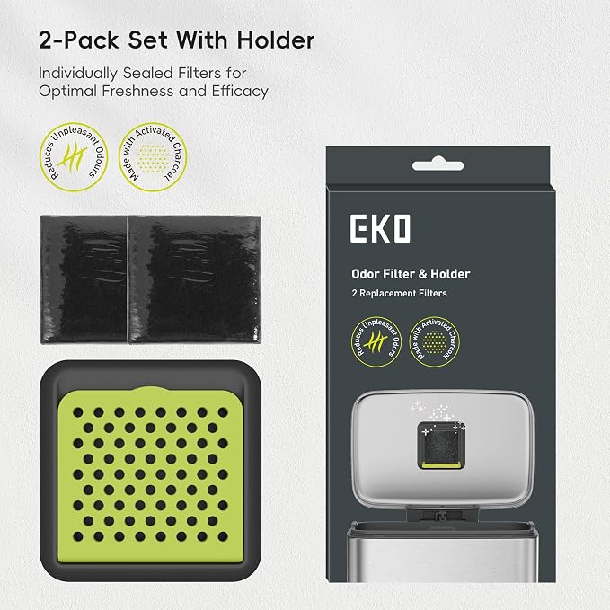 EKO Trash Can Deodorizer Filter Kit with Case, 2-Pack | Activated Charcoal Refills, Powerful Odor Absorption, Long-Lasting Freshness, Compact Size, Easy Installation