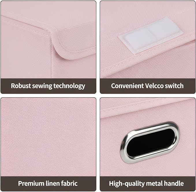 STOREONE Fabric Storage Cube Bins Foldable Organizer Container Collapsible Basket with Lids and Metal Handles, for Home, Bedroom, Closet 6 Pcs (multicolour-light pink)