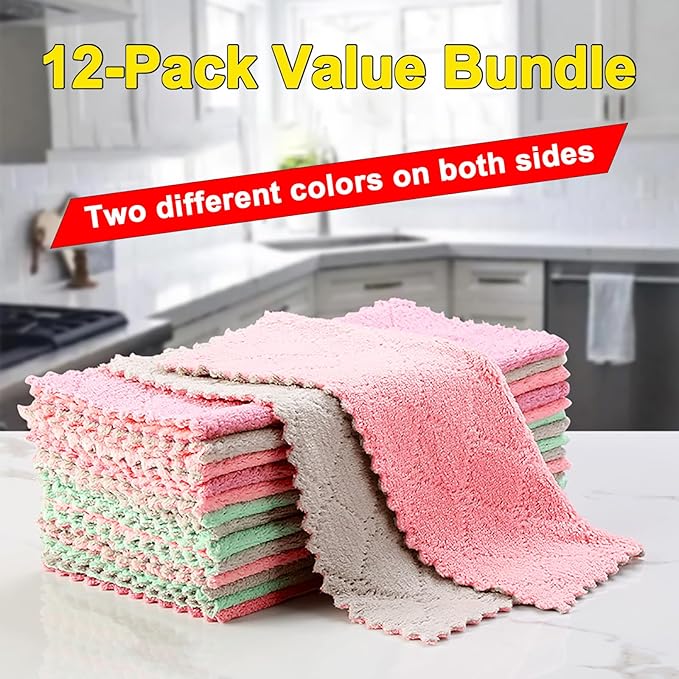 Kitchen Dish Cloths, Microfiber Cleaning Cloth, 12 Pack,10"x10" | Super Soft Absorbent Coral Velvet Dish Towels, Non-Oil No Lint Fast Drying Microfiber Cloths for Dishes & Countertops